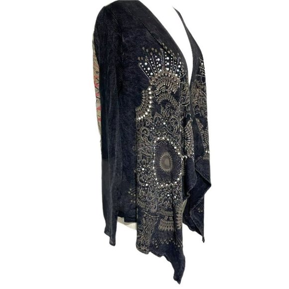 COPY - Vocal USA L distressed beaded black open draped cardigan with sheer arts… - Picture 6 of 8
